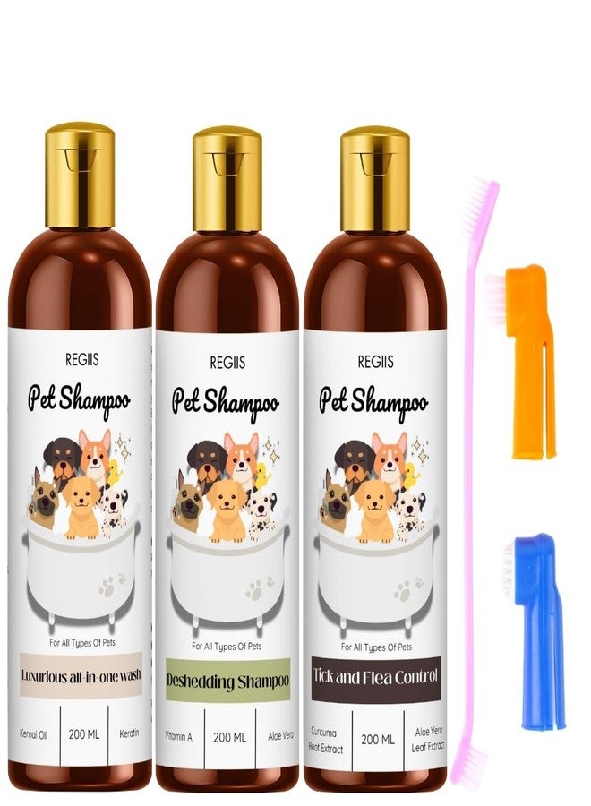 مجموعة شامبو ريجيس للحيوانات الأليفة، غسول شامل، لإزالة الشعر الزائد، تركيبة للتحكم في القراد والبراغيث، زجاجات سعة 200 مل مع فرشاة، للكلاب والقطط (عبوة من 4 قطع) - Image 1